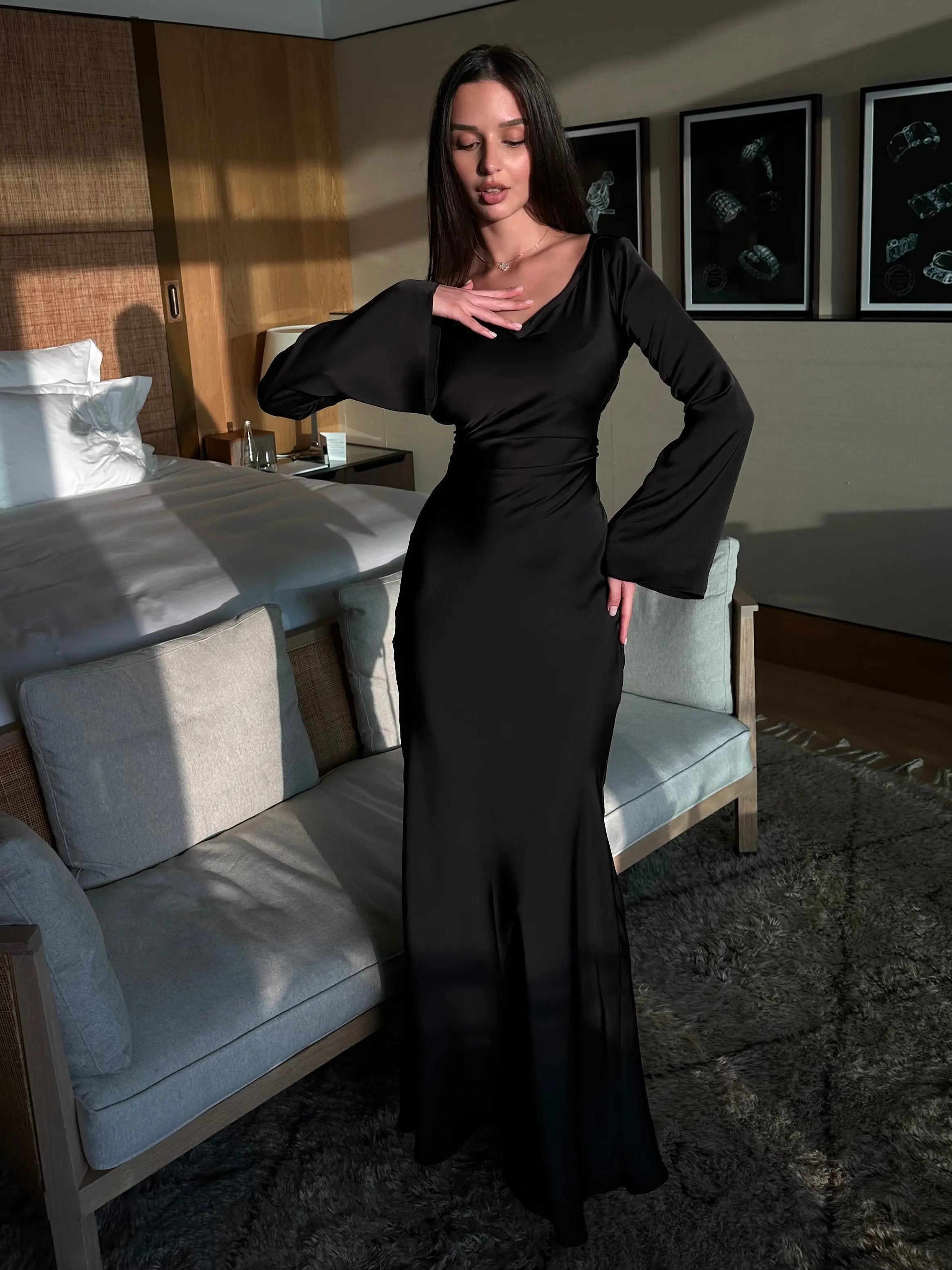 Women's Maxi Dress Long Sleeve Formal Gown Satin