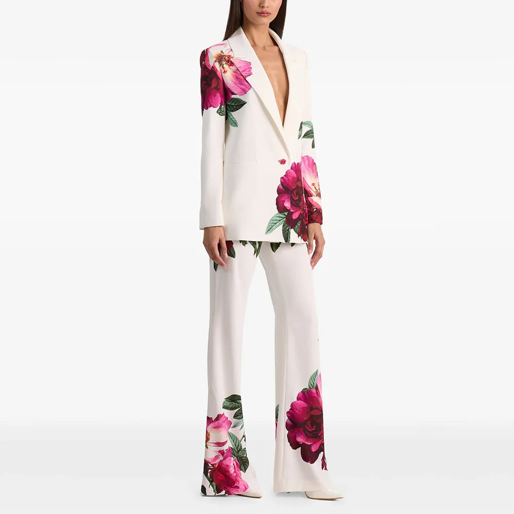 Women's Blazer Set Notch Lapel Single-Button Floral Print Flare Pants