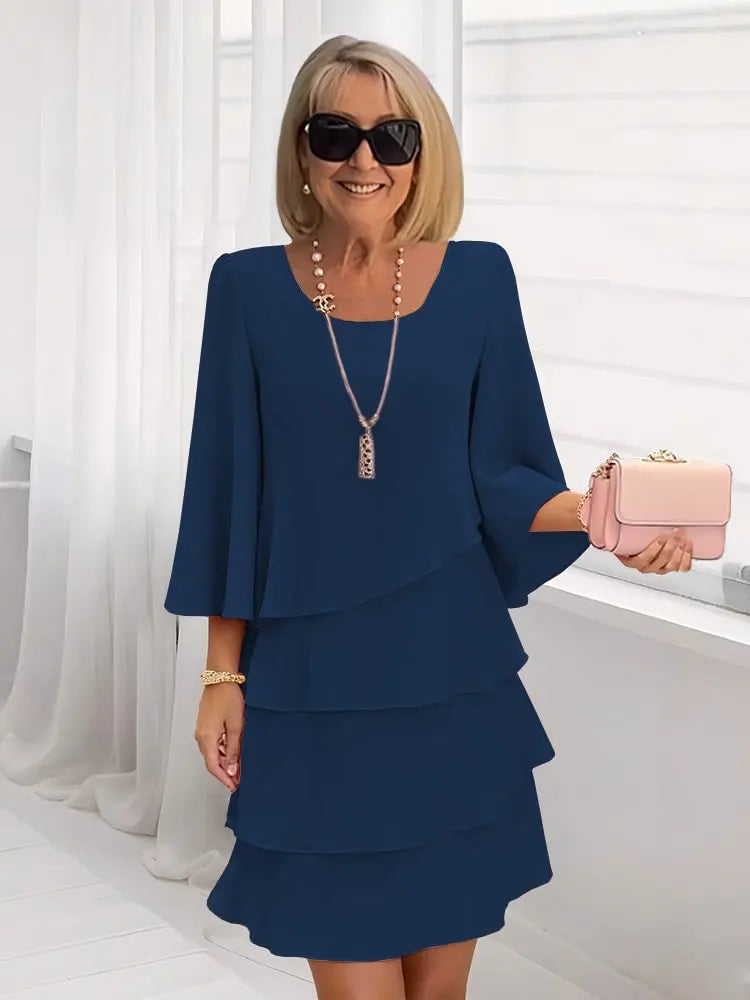 Women's Ruffle Dress | V-Neck, Short Sleeve, Midi Length