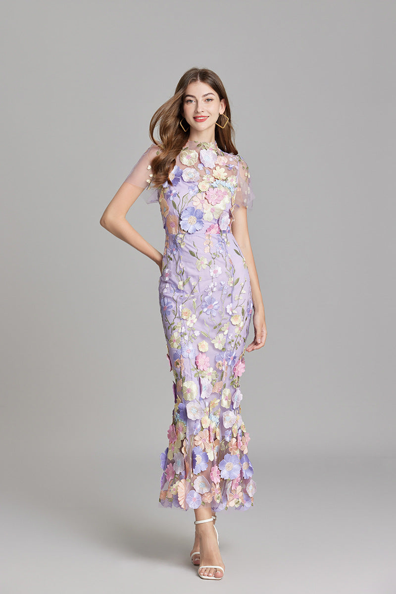 Women's Midi Dress Floral Detail V-Neck Short Sleeve