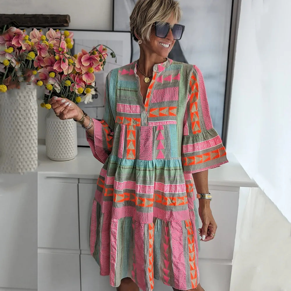 Women's Spring Dress Floral Print V-Neck Short Sleeve Casual