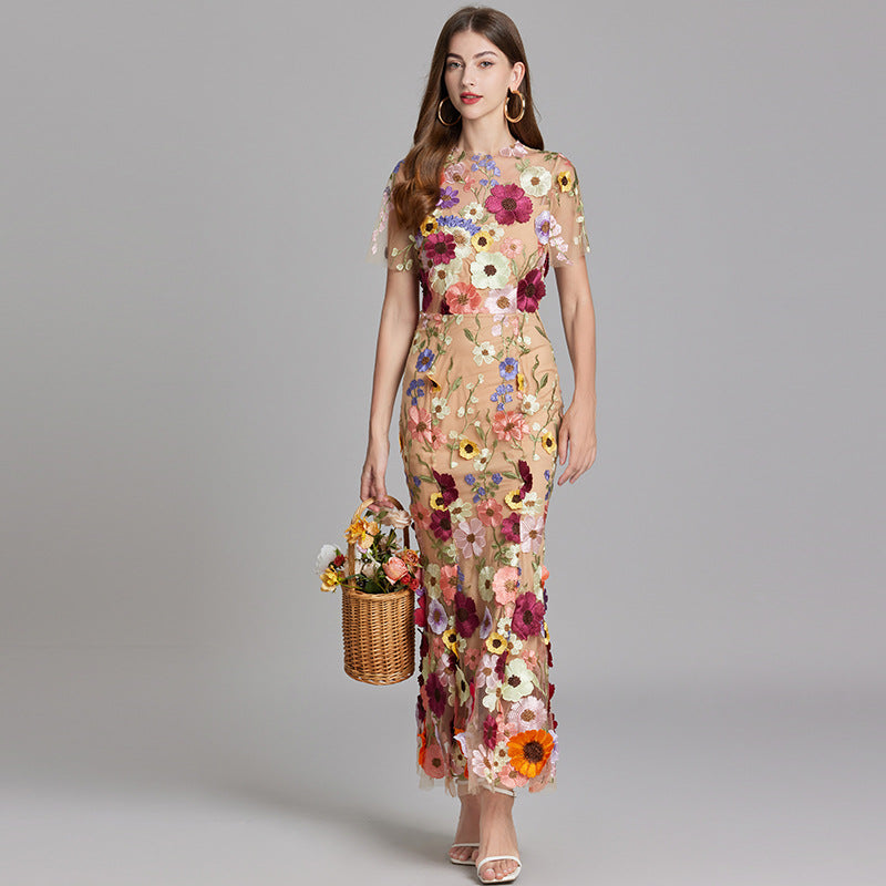 Women's Midi Dress Floral Detail V-Neck Short Sleeve