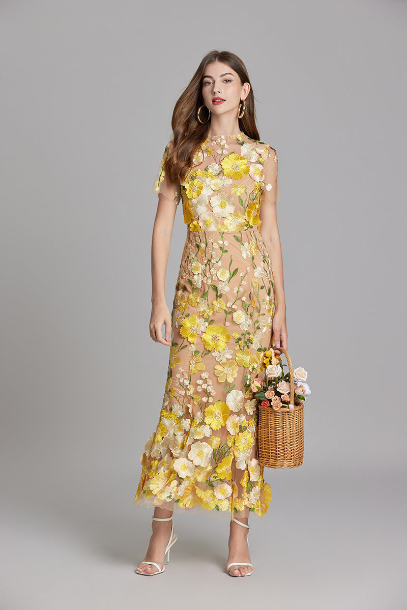 Women's Midi Dress Floral Detail V-Neck Short Sleeve