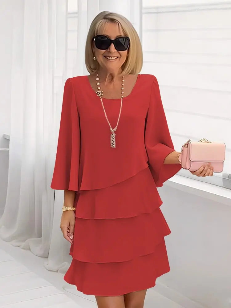 Women's Ruffle Dress | V-Neck, Short Sleeve, Midi Length