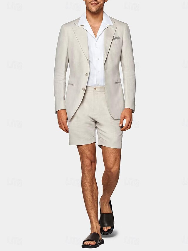 Men's Linen Suit Set Notch Neckline Casual Summer Outfit