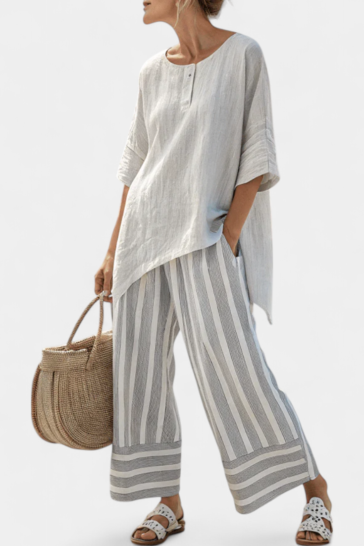 Tina | Women's Asymmetrical Blouse & Striped Pants Set 0