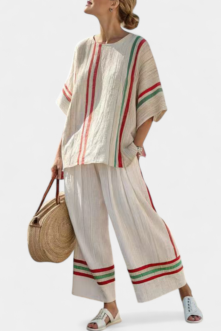 Tina | Women's Boho Striped Bamboo Linen Outfit 1