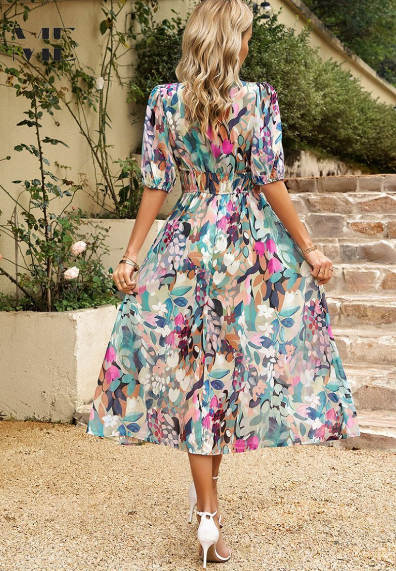 Women's Floral Dress V-Neck Short Sleeve Midi Length Casual