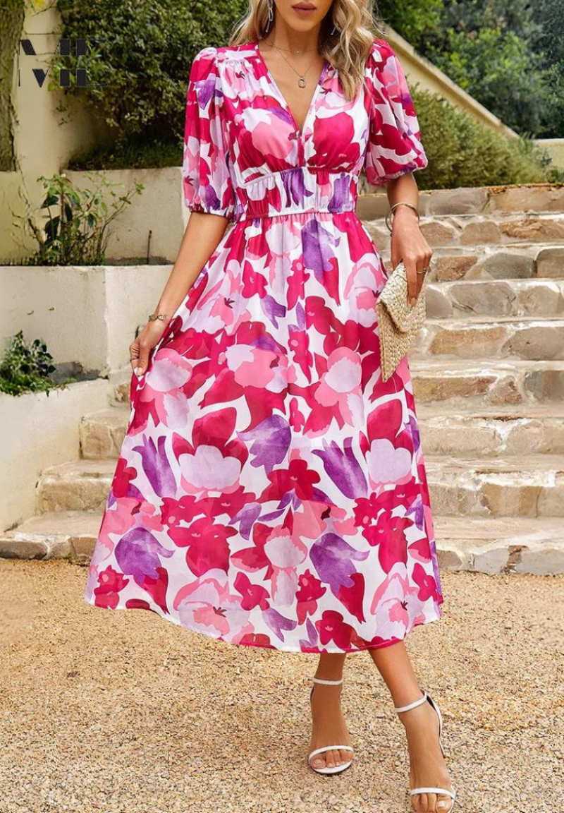 Women's Floral Dress V-Neck Short Sleeve Midi Length Casual