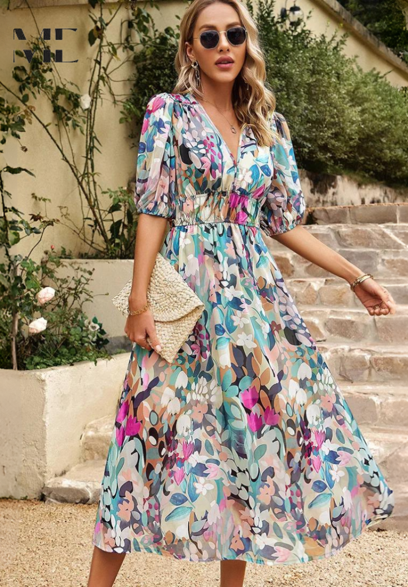 Women's Floral Dress V-Neck Short Sleeve Midi Length Casual