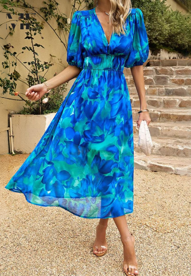 Women's Floral Dress V-Neck Short Sleeve Midi Length Casual