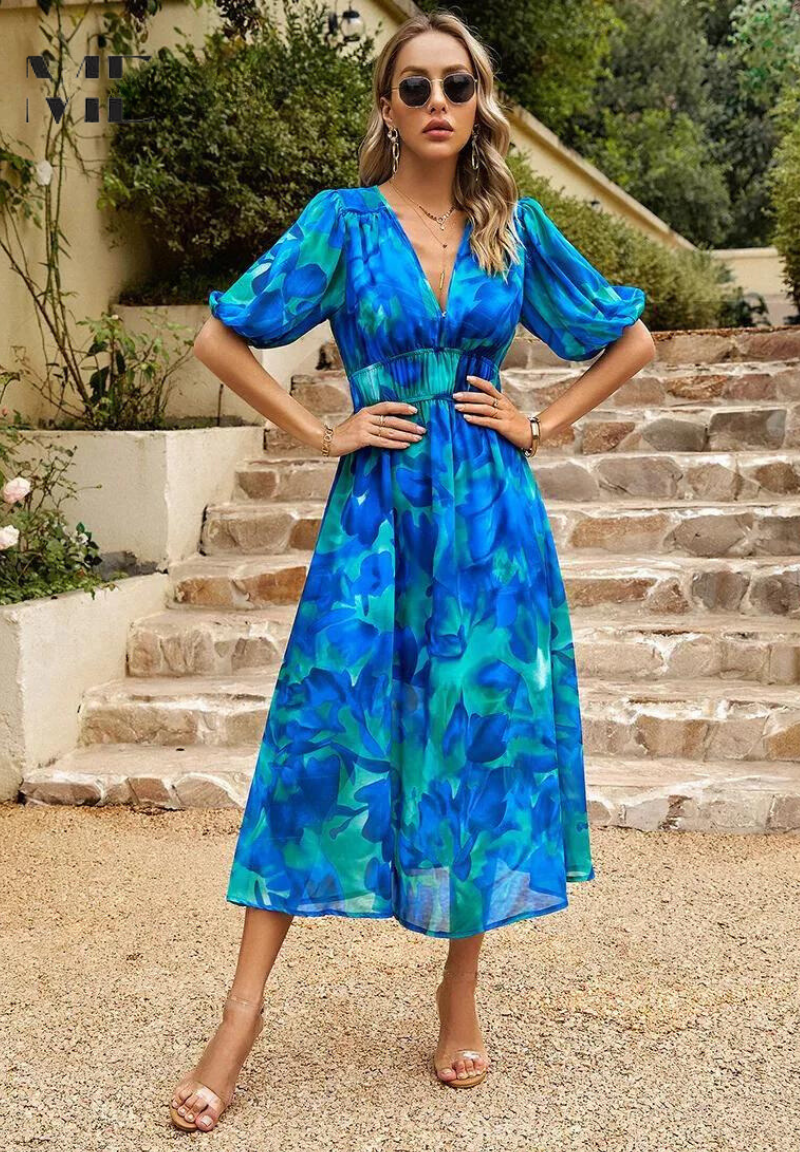 Women's Floral Dress V-Neck Short Sleeve Midi Length Casual