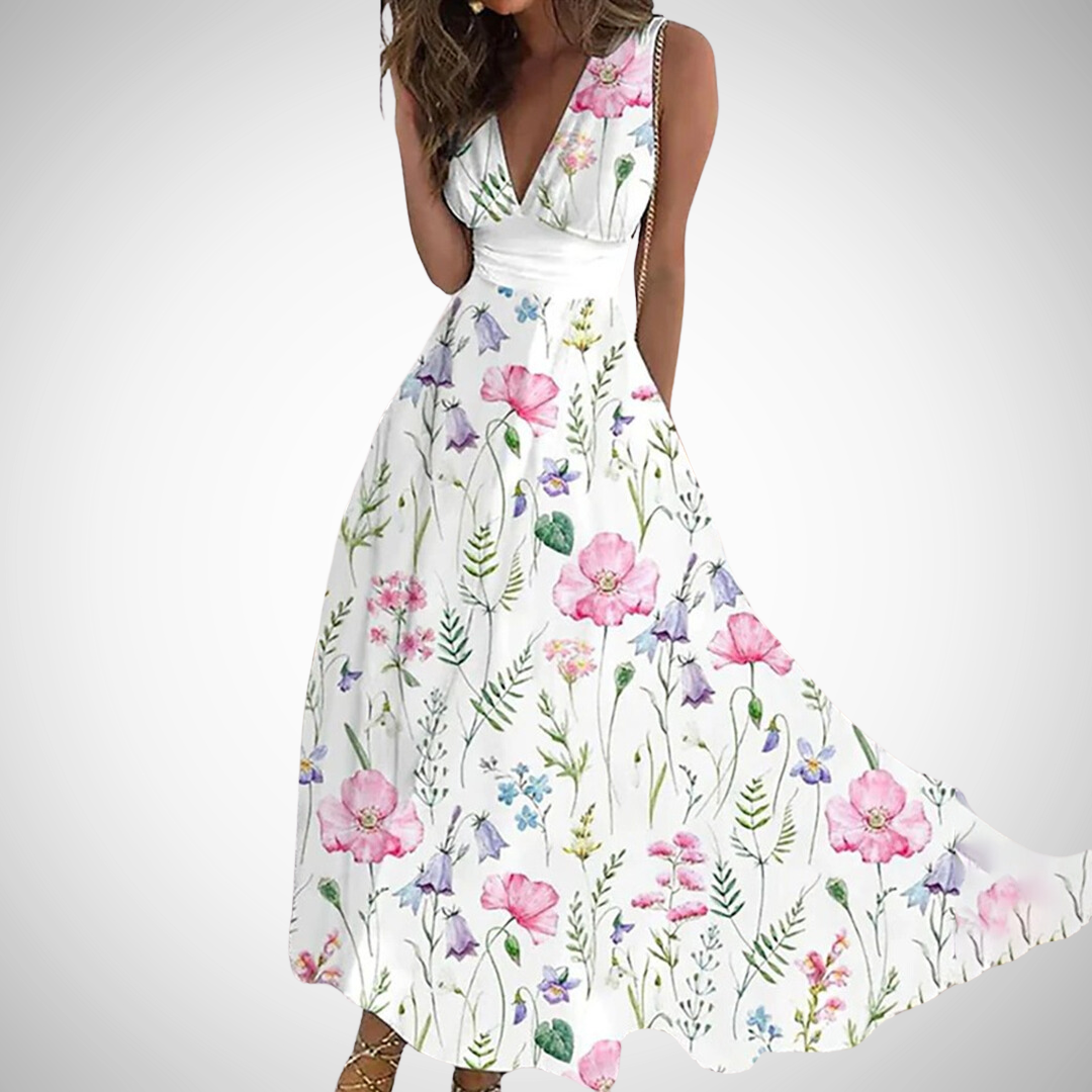 Women's Maxi Dress Floral Sleeveless V-Neck Wrap Waist