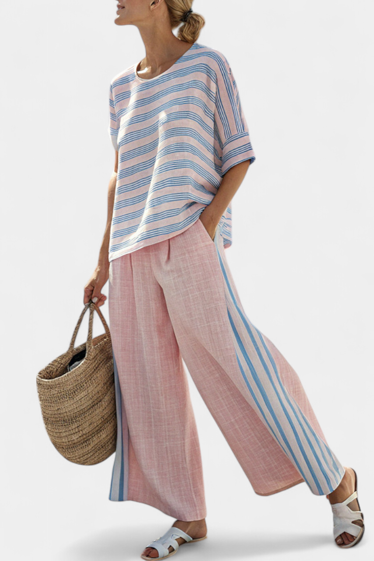 Vera | Women's Linen Striped Blouse and Pants Set 1