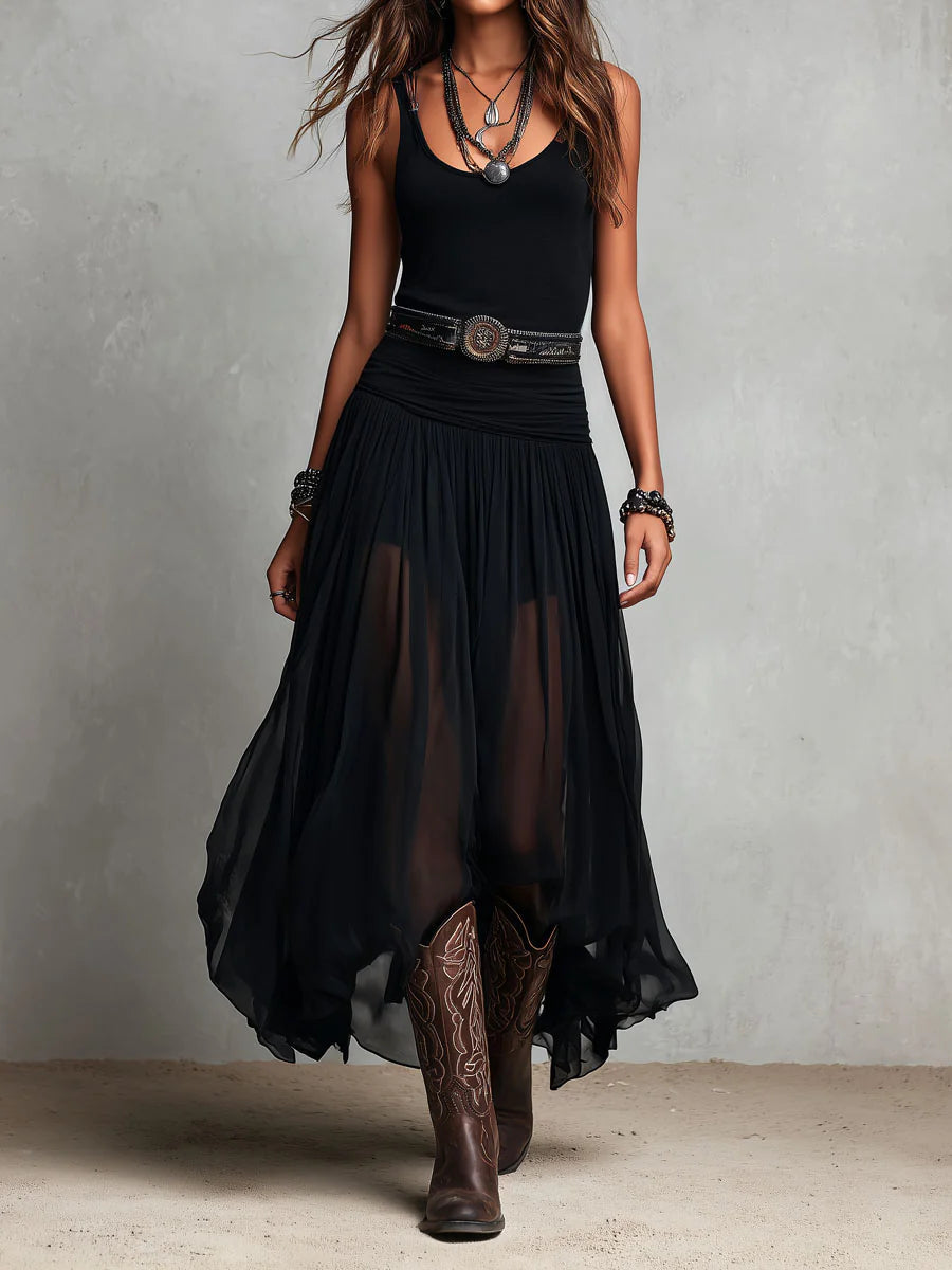 Women's Black Maxi Dress V-Neck Sleeveless Tulle Skirt Boho Casual 0