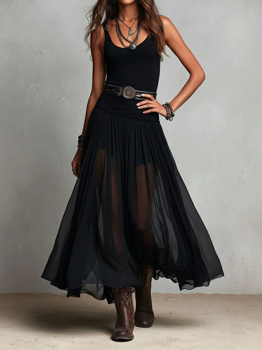 Women's Black Maxi Dress V-Neck Sleeveless Tulle Skirt Boho Casual 1