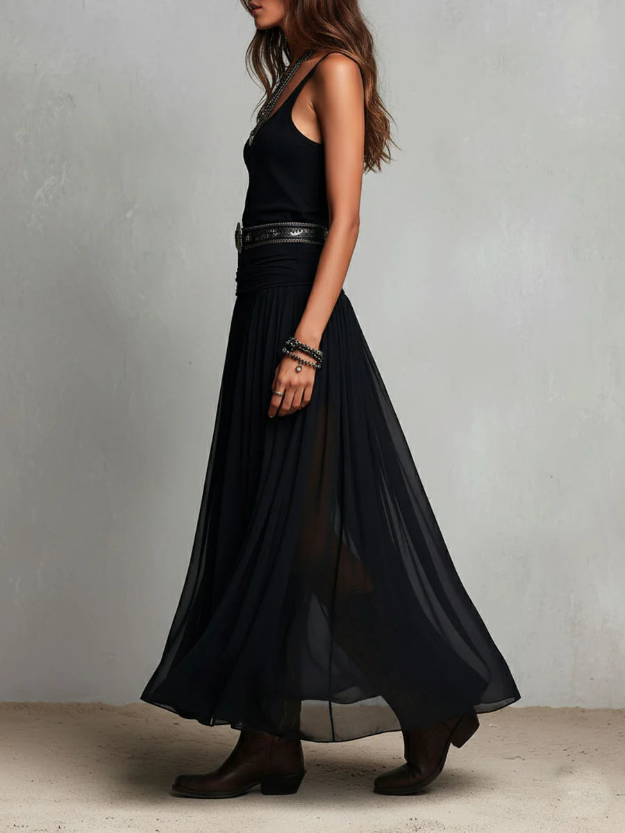 Women's Black Maxi Dress V-Neck Sleeveless Tulle Skirt Boho Casual 5