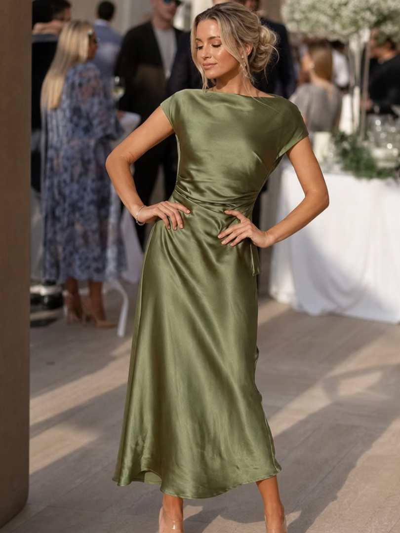 Women's Boat Neck Short Sleeve Midi Dress Tailored Wedding Guest 0