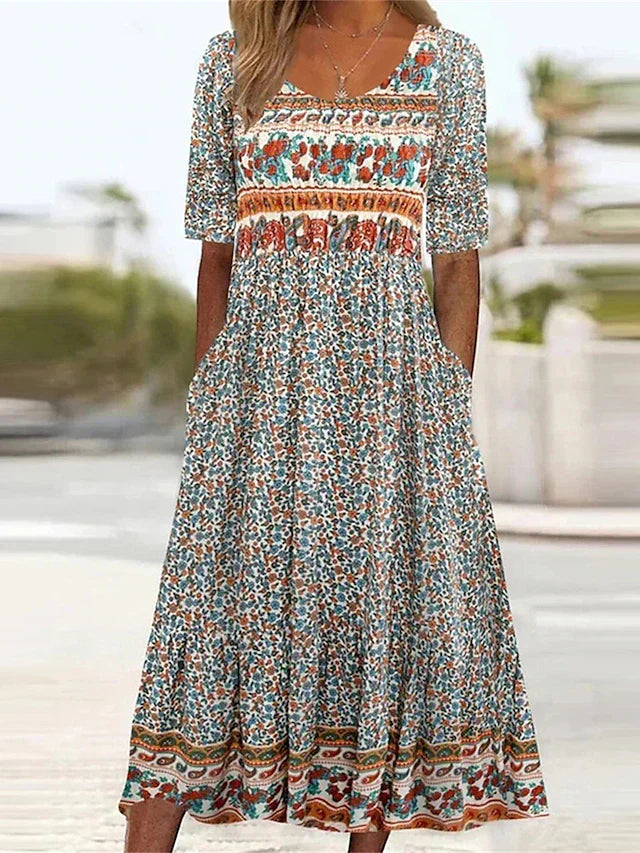 Women's Boho Midi Dress Square Neck Shirred Bodice Tiered Skirt 0