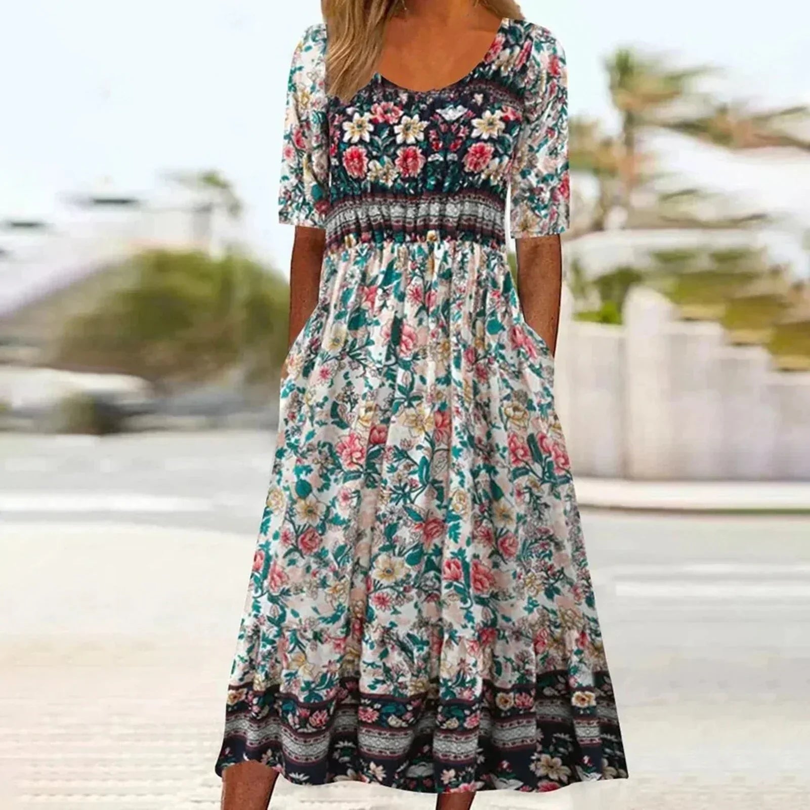 Women's Boho Midi Dress Square Neck Shirred Bodice Tiered Skirt 10