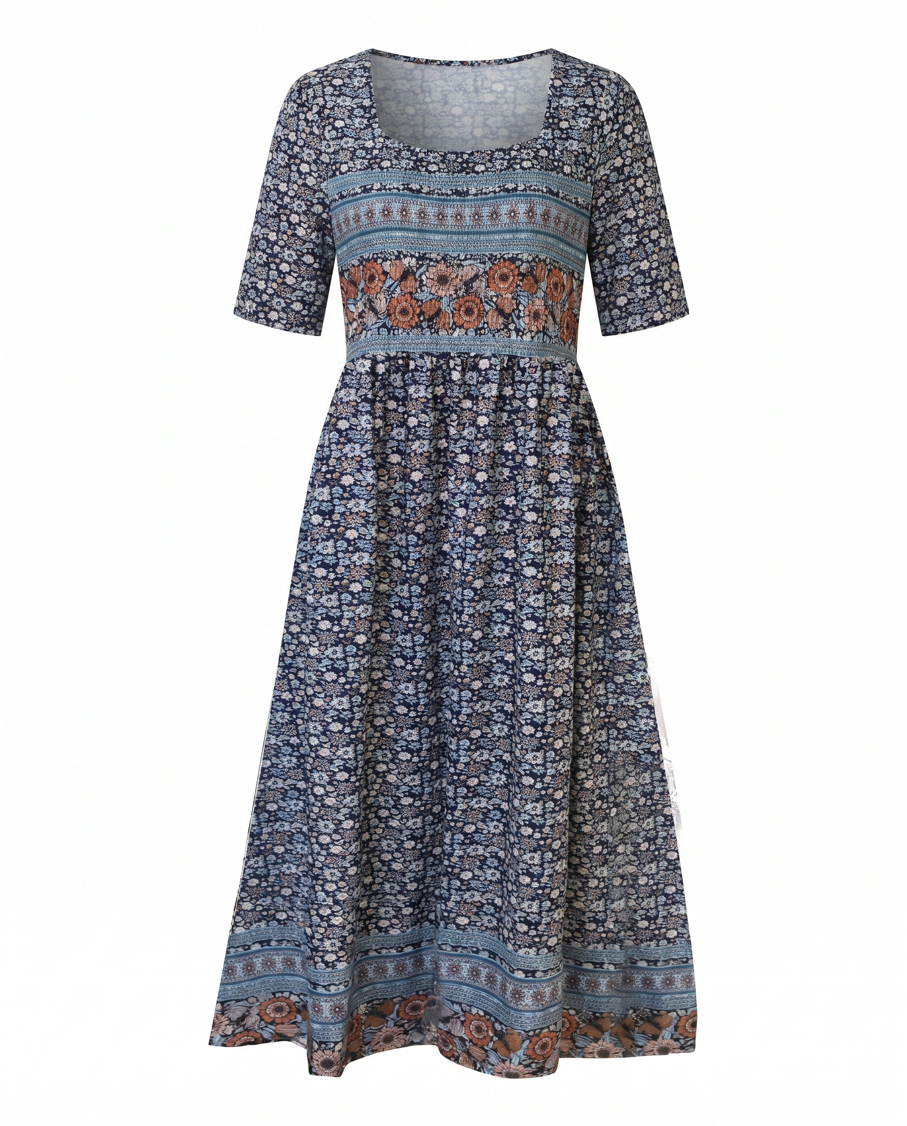 Women's Boho Midi Dress Square Neck Shirred Bodice Tiered Skirt 6