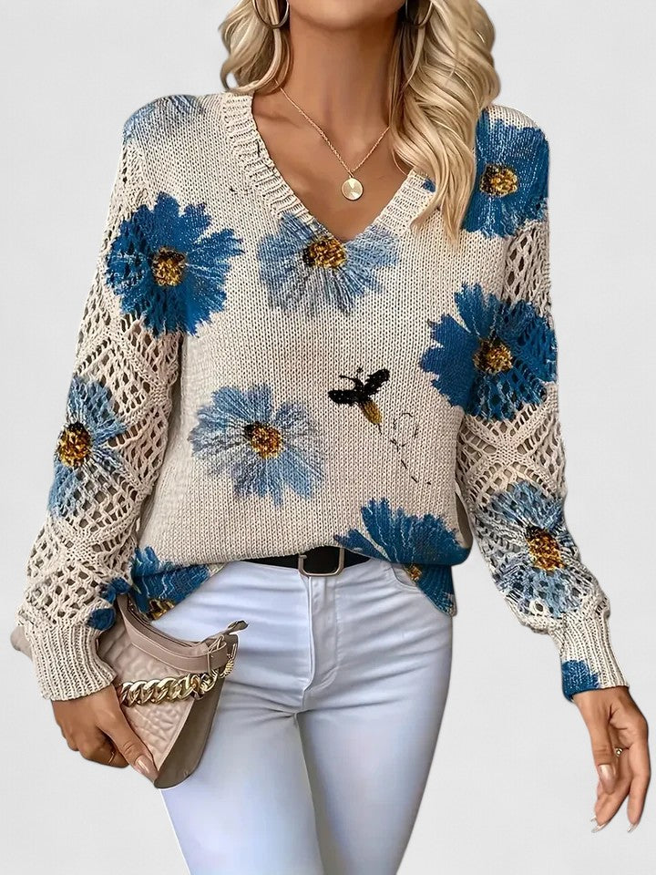 Women's Cardigan Floral Knit Pattern Airy Sleeve V Neckline 0