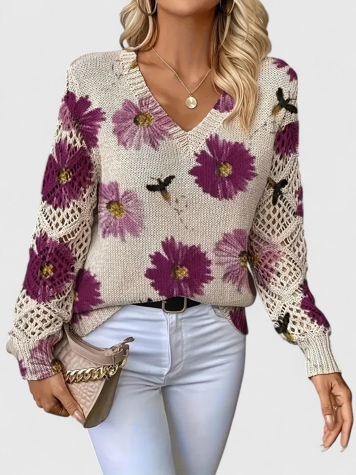 Women's Cardigan Floral Knit Pattern Airy Sleeve V Neckline 1