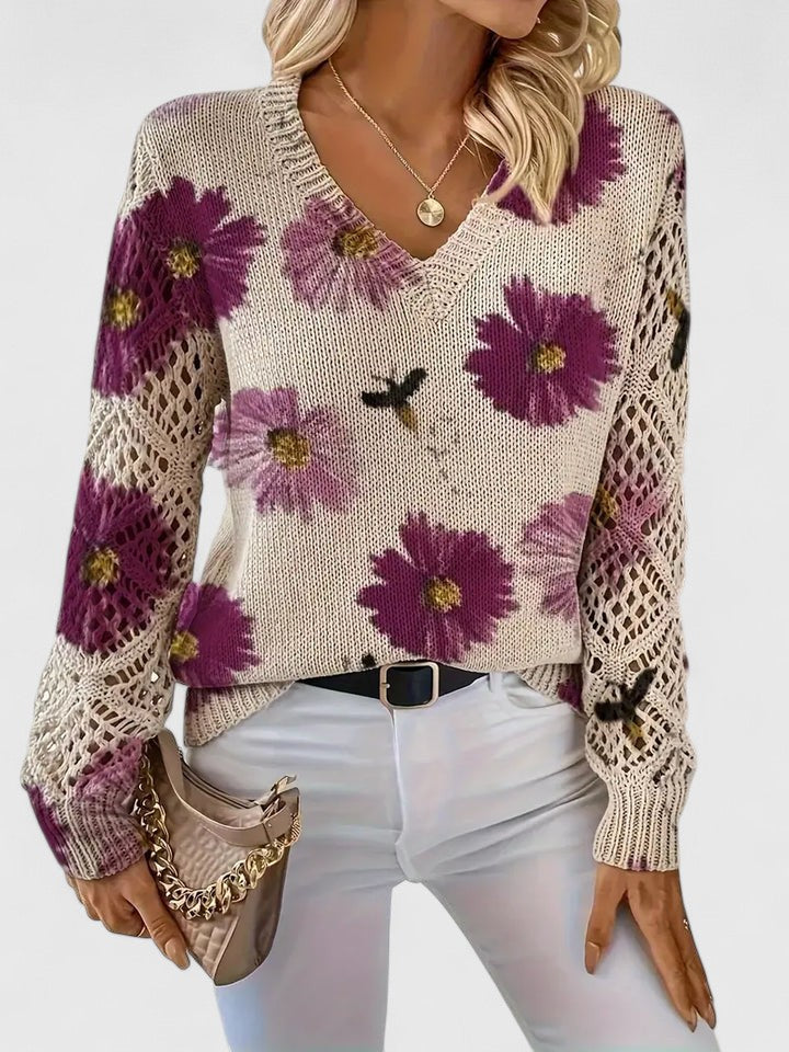 Women's Cardigan Floral Knit Pattern Airy Sleeve V Neckline 3