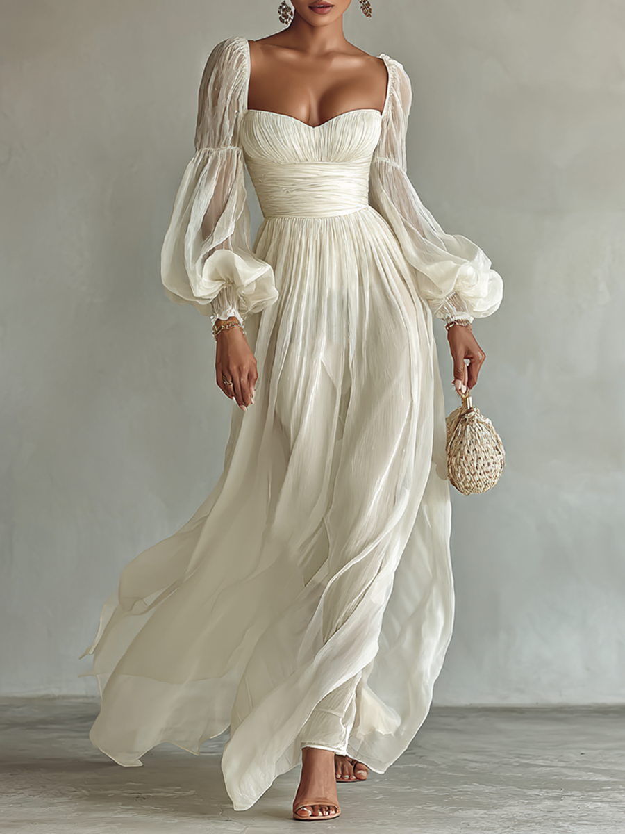 Women's Chiffon Maxi Dress Square Neck Long Sleeve Waist-Cinched Summer 0