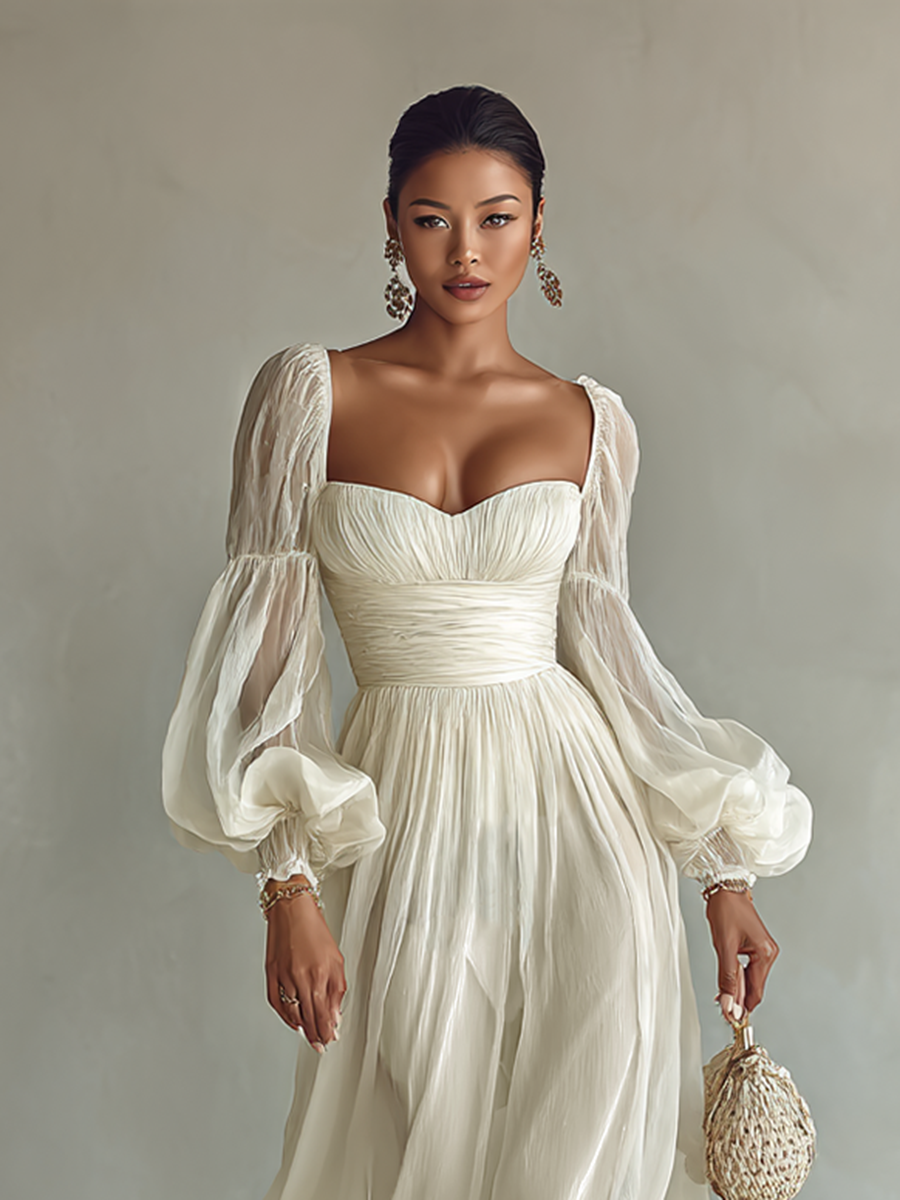 Women's Chiffon Maxi Dress Square Neck Long Sleeve Waist-Cinched Summer 1