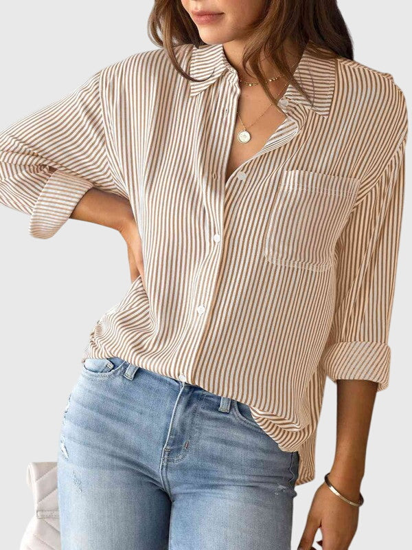 Women's Collared Neck Shirt Cotton Striped Versatile Design 8
