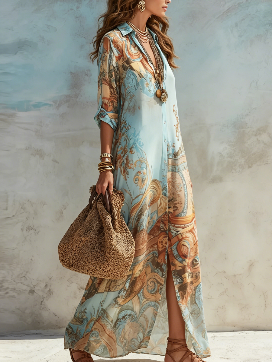 Women's Cotton Midi Dress Relaxed Collared Button-Front Casual Summer 1