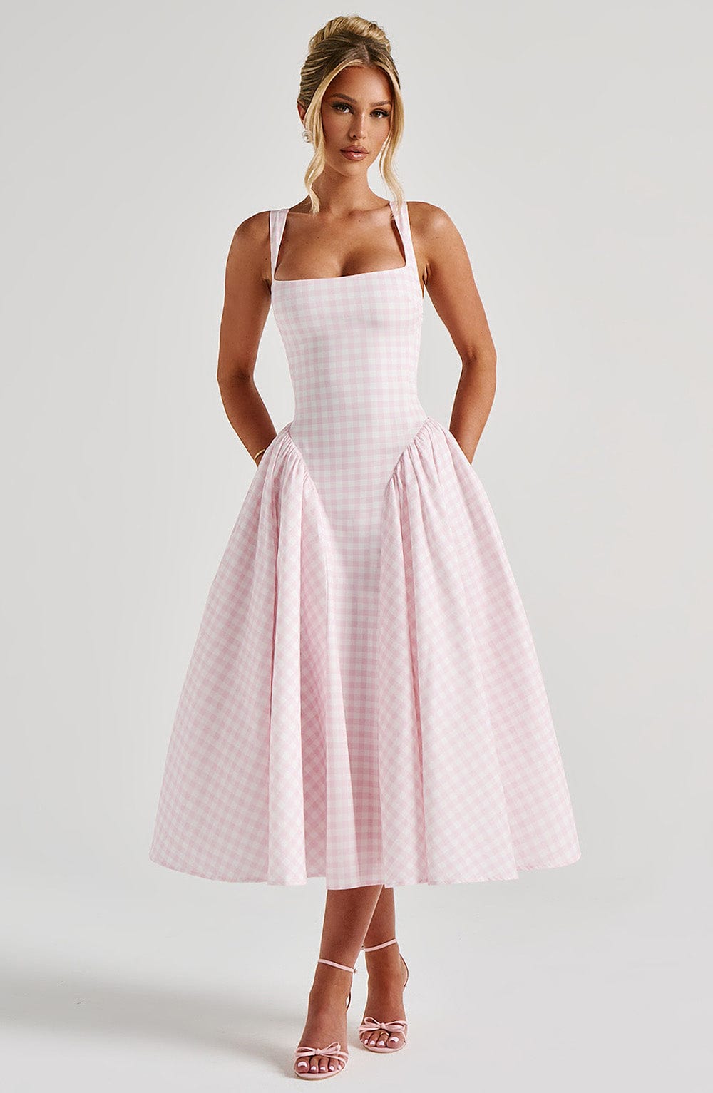 Women's Dress Gingham Fabric Fitted Bodice Adjustable Straps Midi Skirt 0