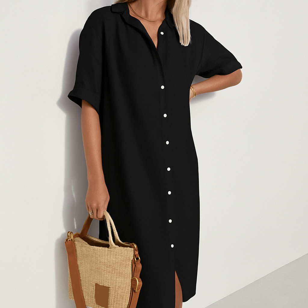 Women's Dress Linen Relaxed Fit Midi Shirt Dress with Button-Down Front 0