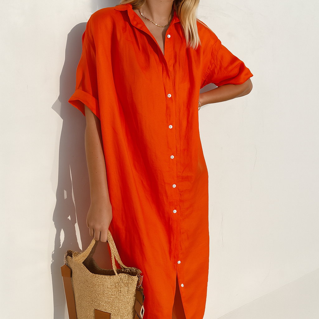Women's Dress Linen Relaxed Fit Midi Shirt Dress with Button-Down Front 4