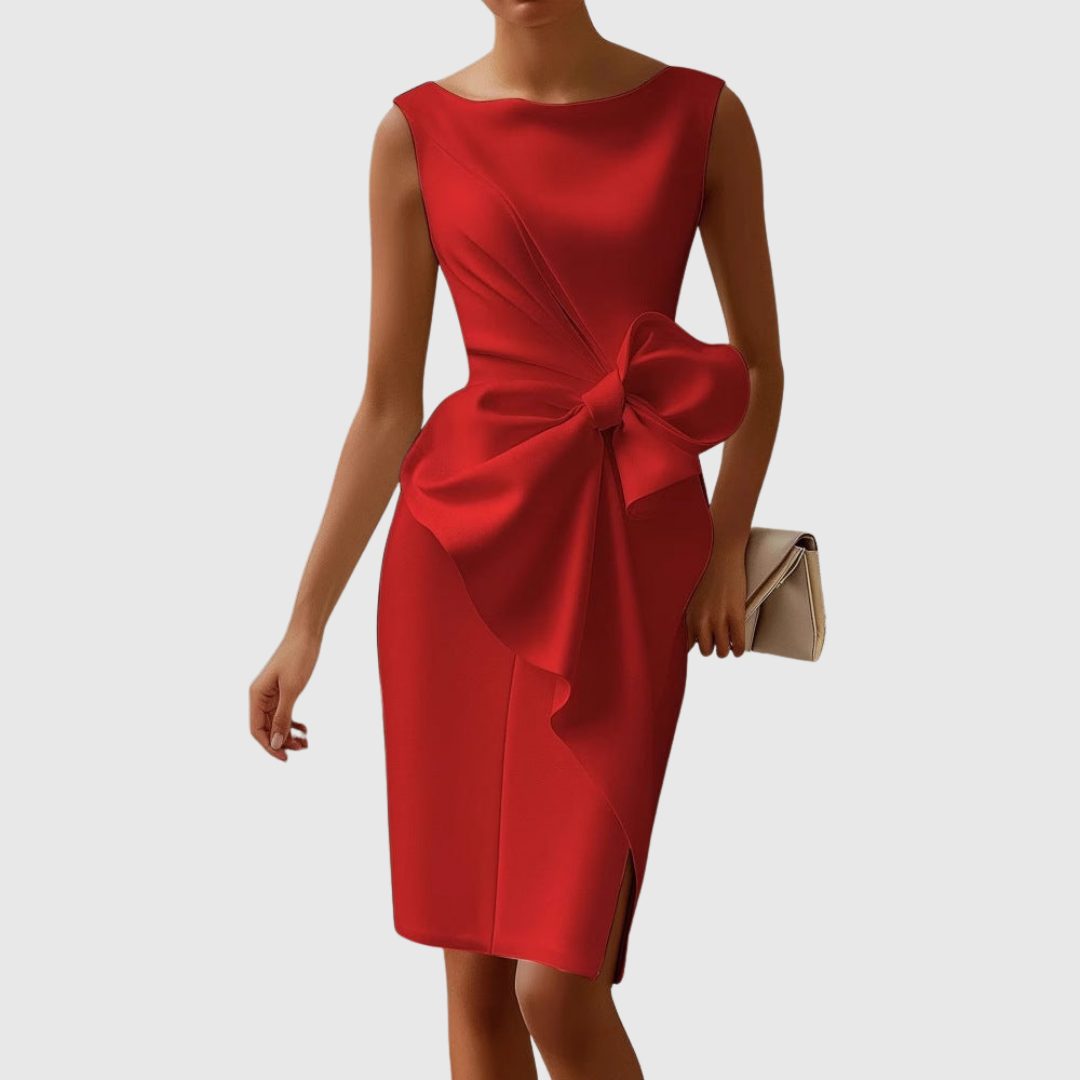 Women's Dress Midi High-Quality Fabric Boat Neckline Side Bow Detail 1