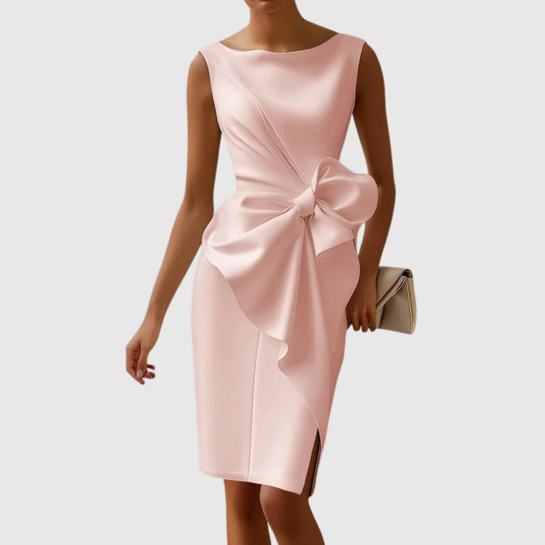 Women's Dress Midi High-Quality Fabric Boat Neckline Side Bow Detail 2