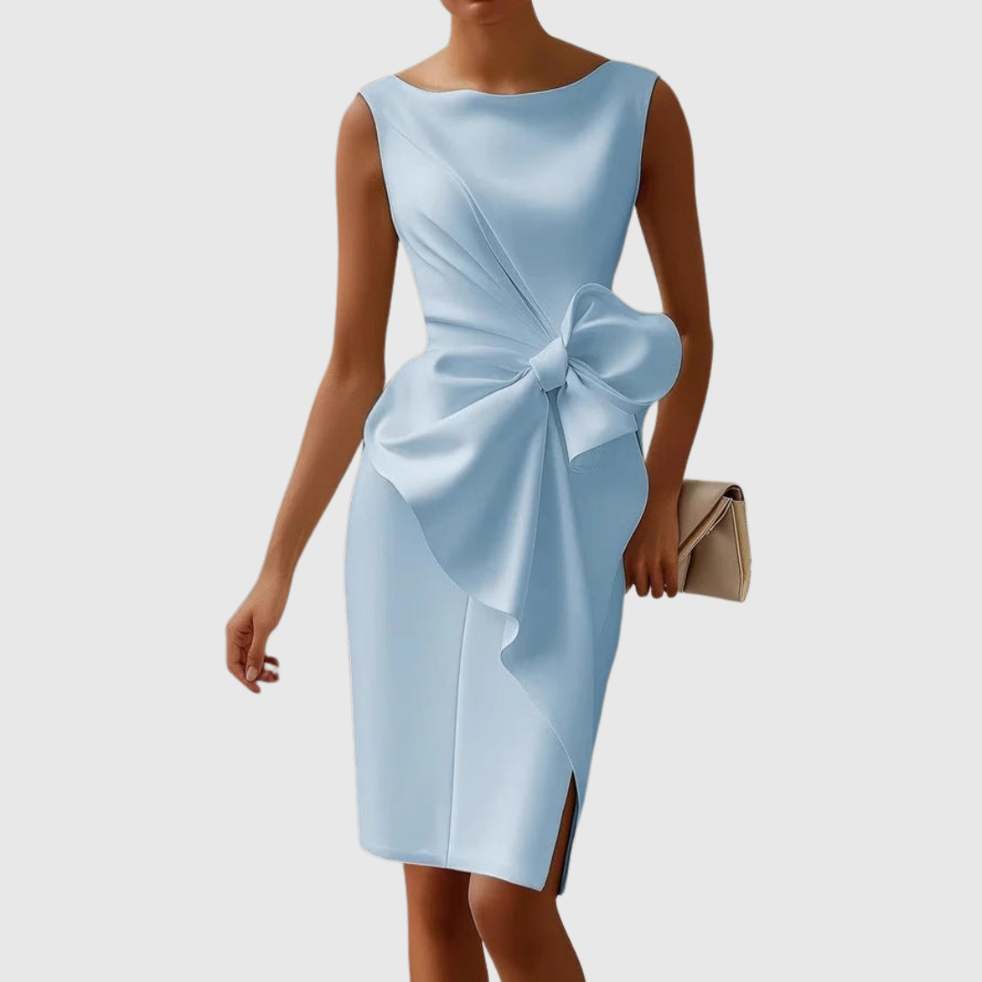 Women's Dress Midi High-Quality Fabric Boat Neckline Side Bow Detail 3