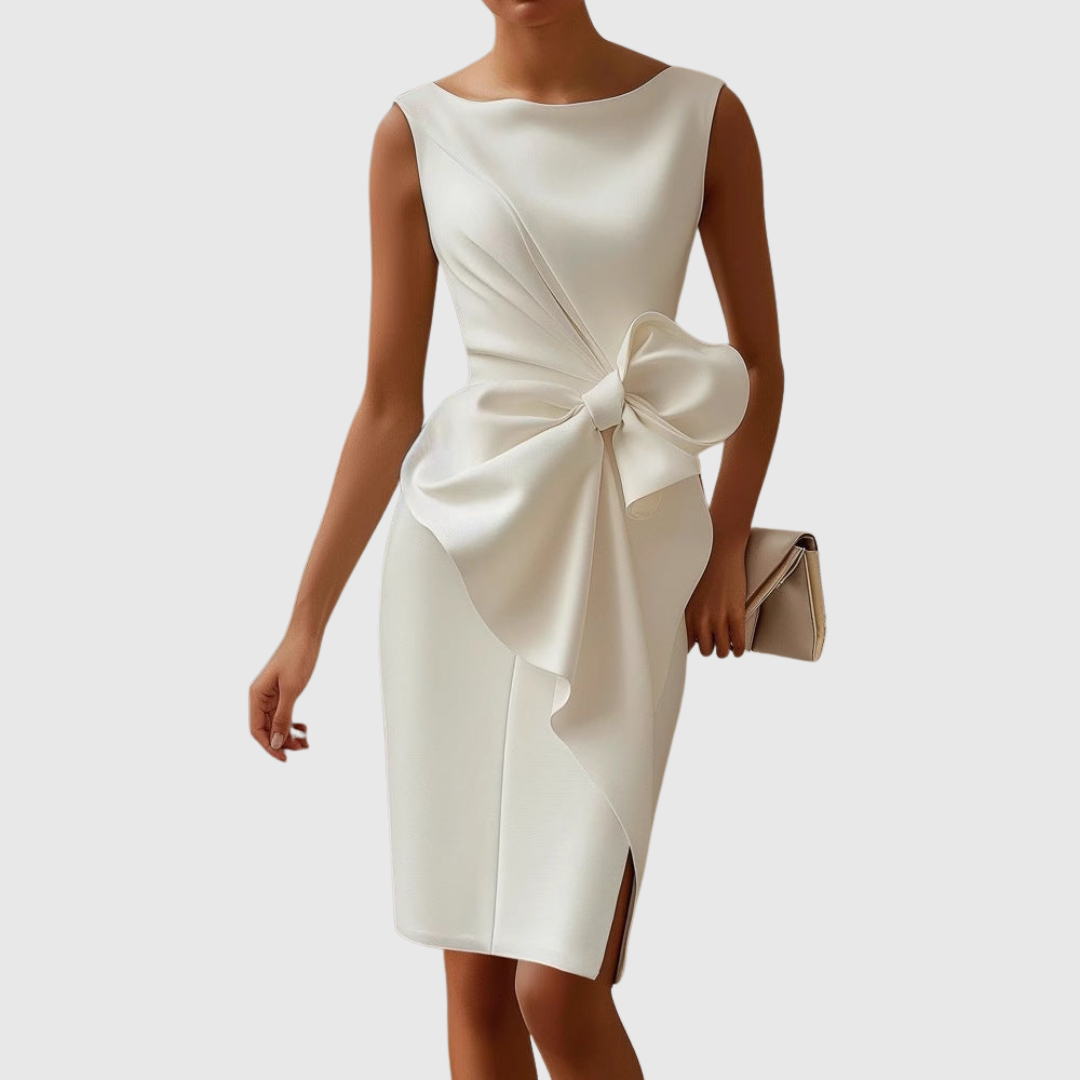 Women's Dress Midi High-Quality Fabric Boat Neckline Side Bow Detail 4