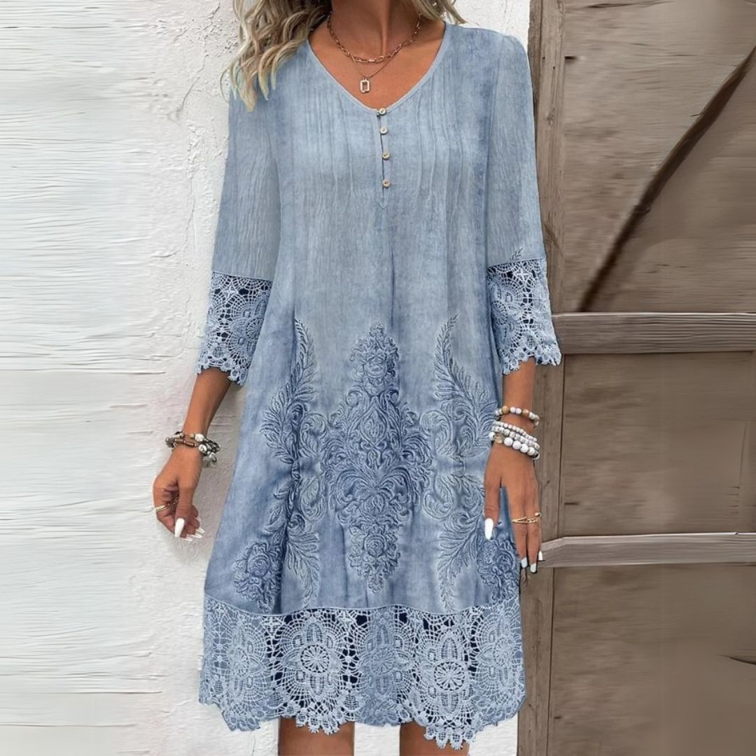 Women's Dress Midi Lace Trim V-Neck Relaxed Fit with Embroidery and Three-Quarter Sleeves 0