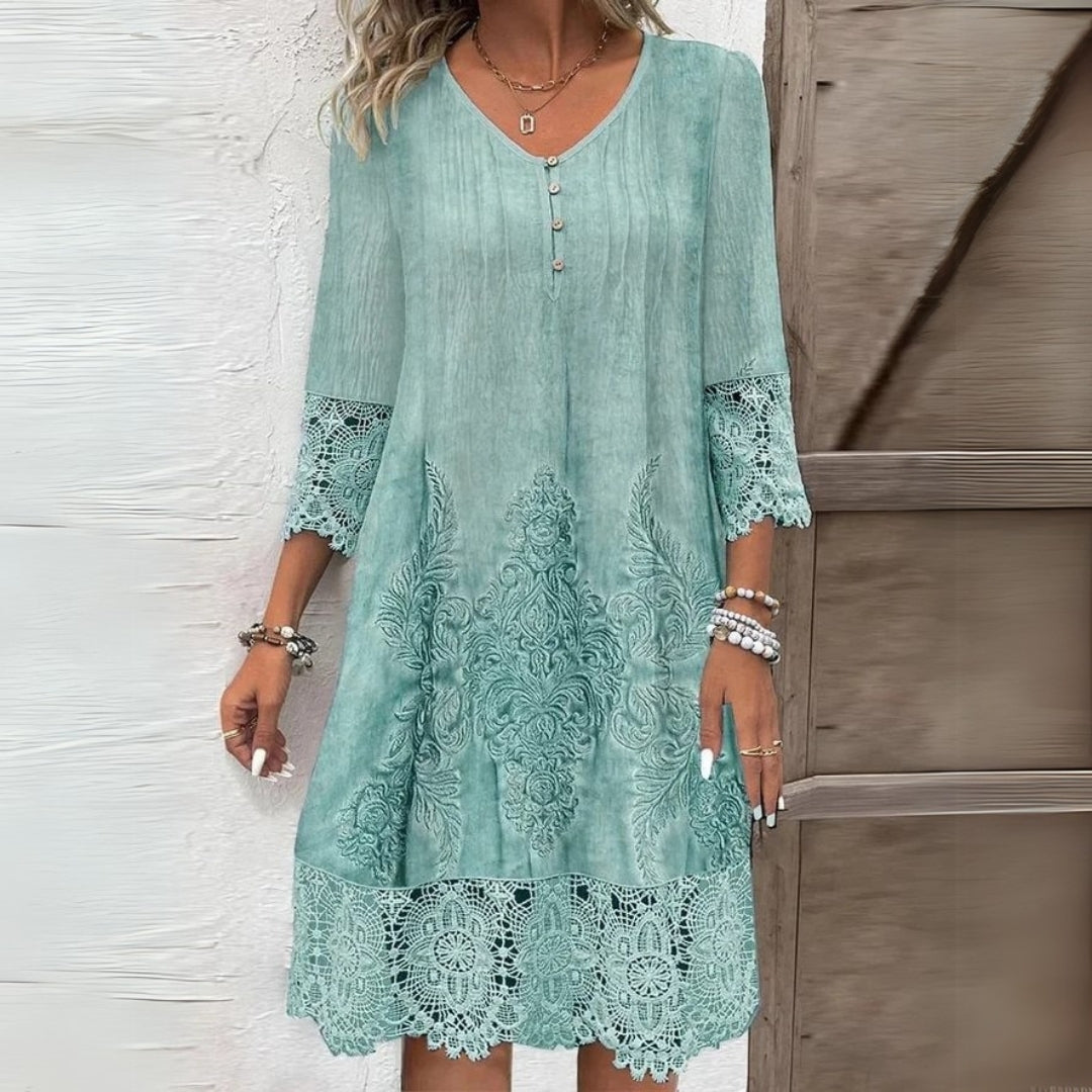 Women's Dress Midi Lace Trim V-Neck Relaxed Fit with Embroidery and Three-Quarter Sleeves 1