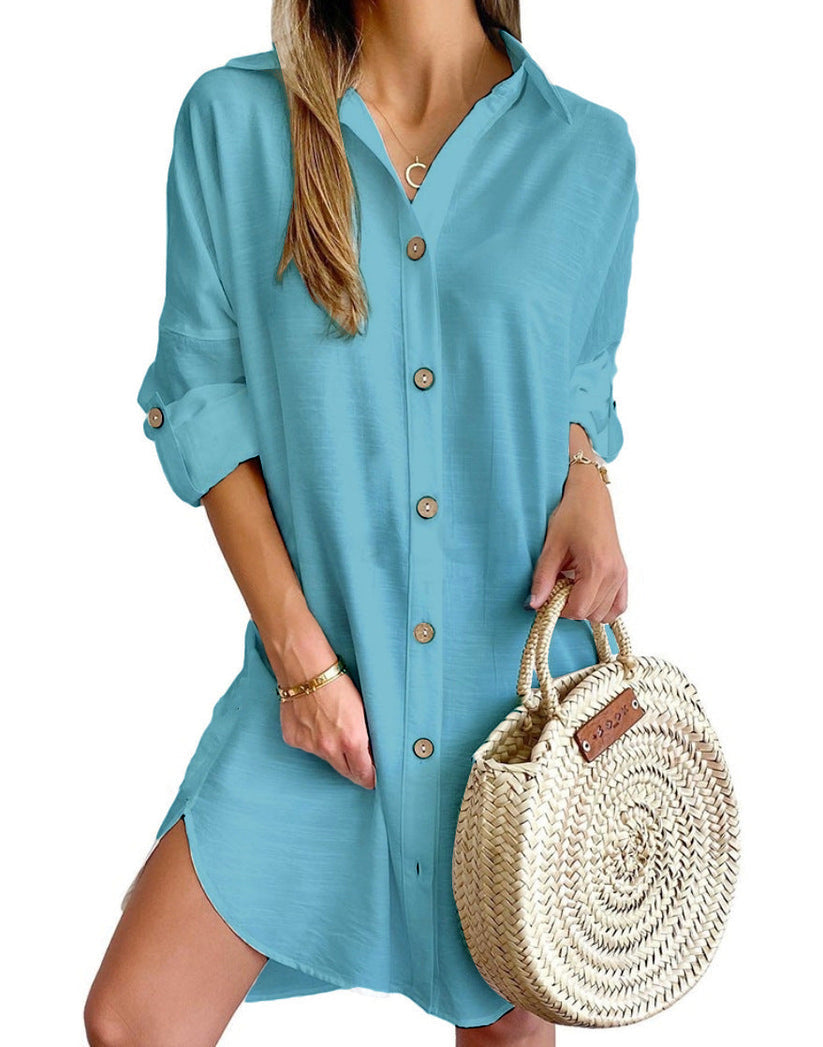 Women's Dress Polyester Button-Up Shirt Dress with Adjustable Sleeves 8