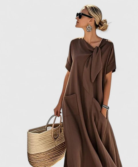 Women's Dress Polyester Chic Neck Tie Functional Pockets Summer Dress 1