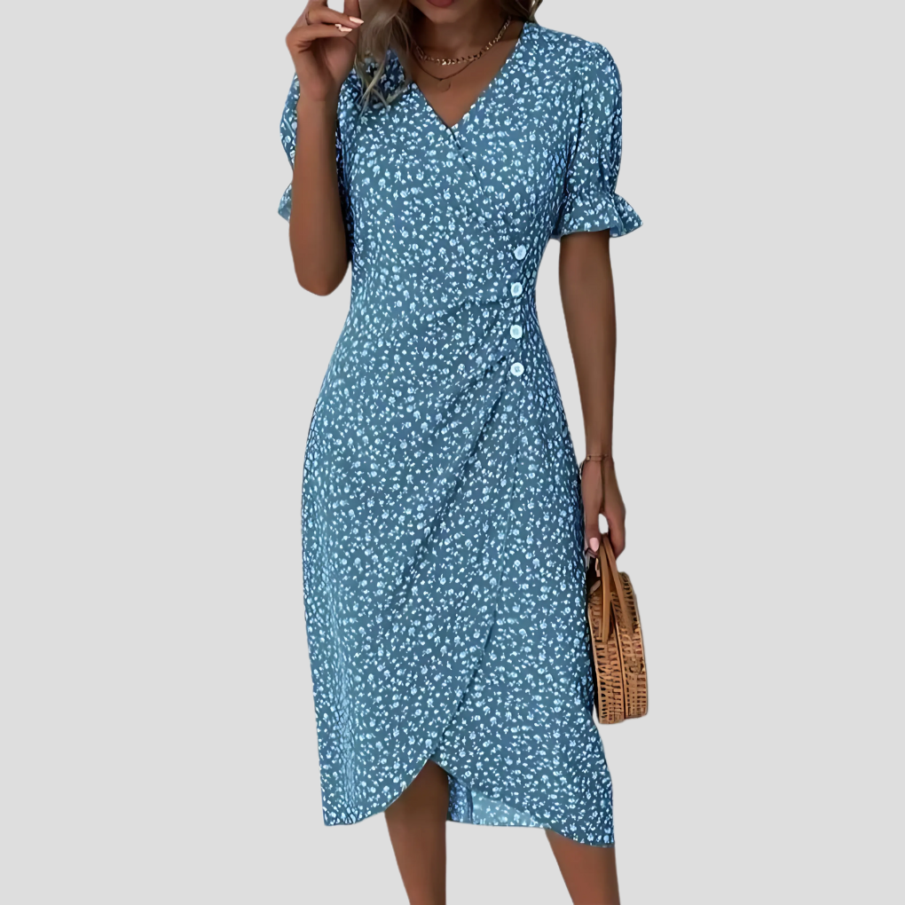 Women's Dress Polyester Floral V-Neck A-Line Casual Midi with Puff Sleeves 0