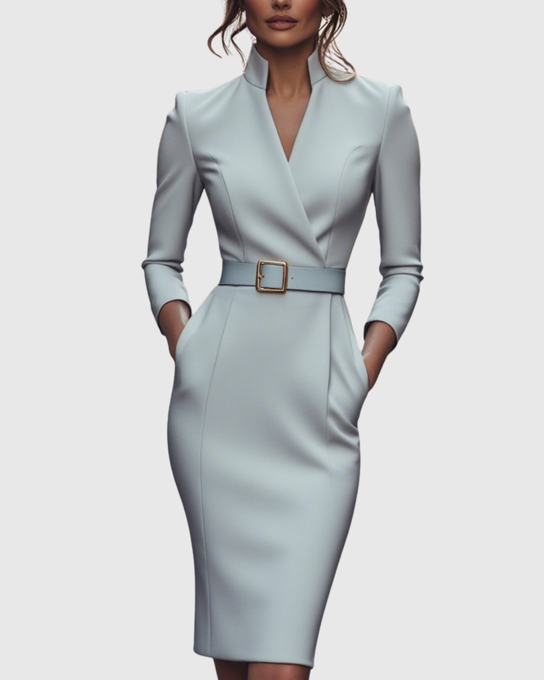 Women's Dress Polyester Mock Wrap Three-Quarter Sleeve Pencil Silhouette with Pockets 10