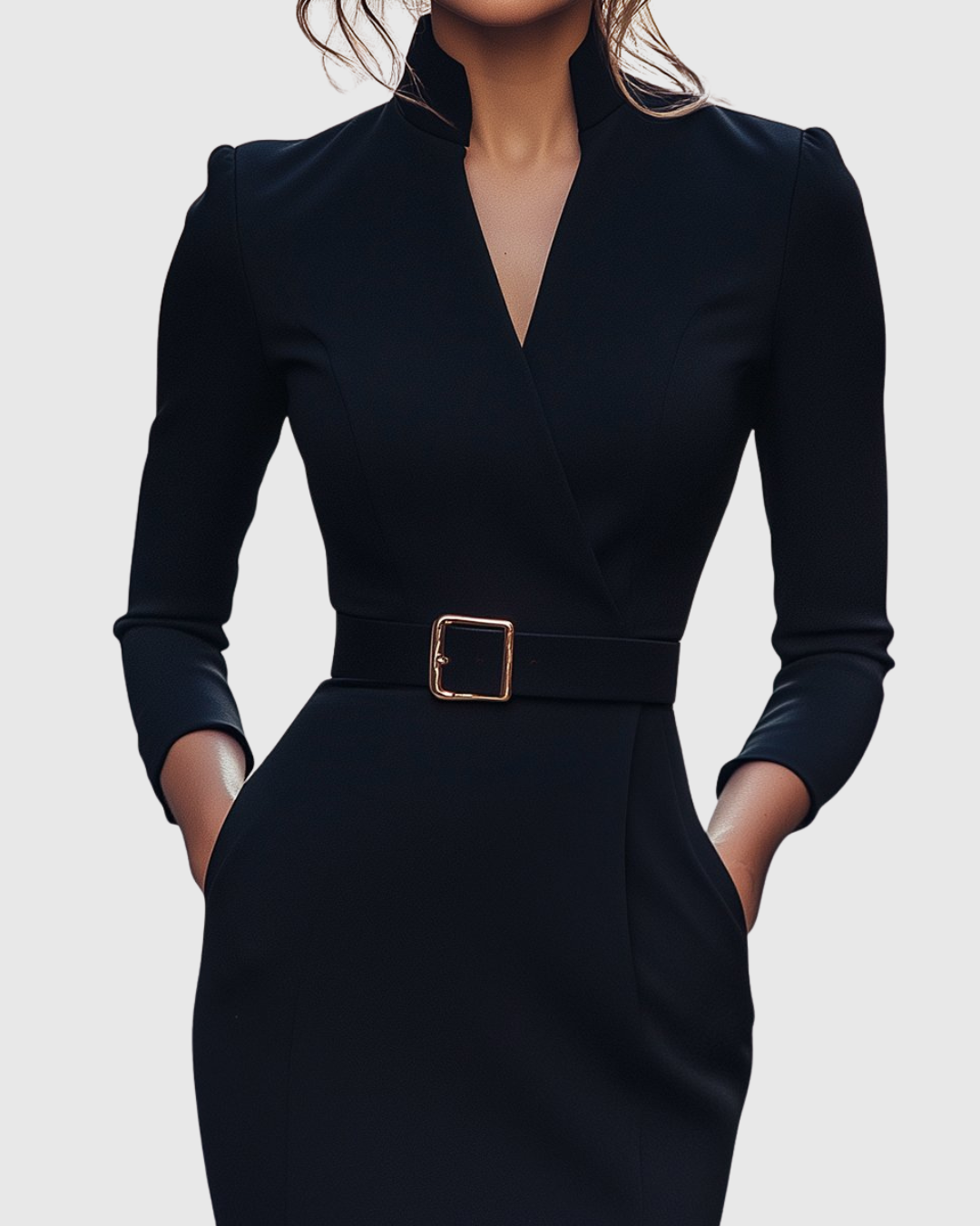 Women's Dress Polyester Mock Wrap Three-Quarter Sleeve Pencil Silhouette with Side Pockets 2