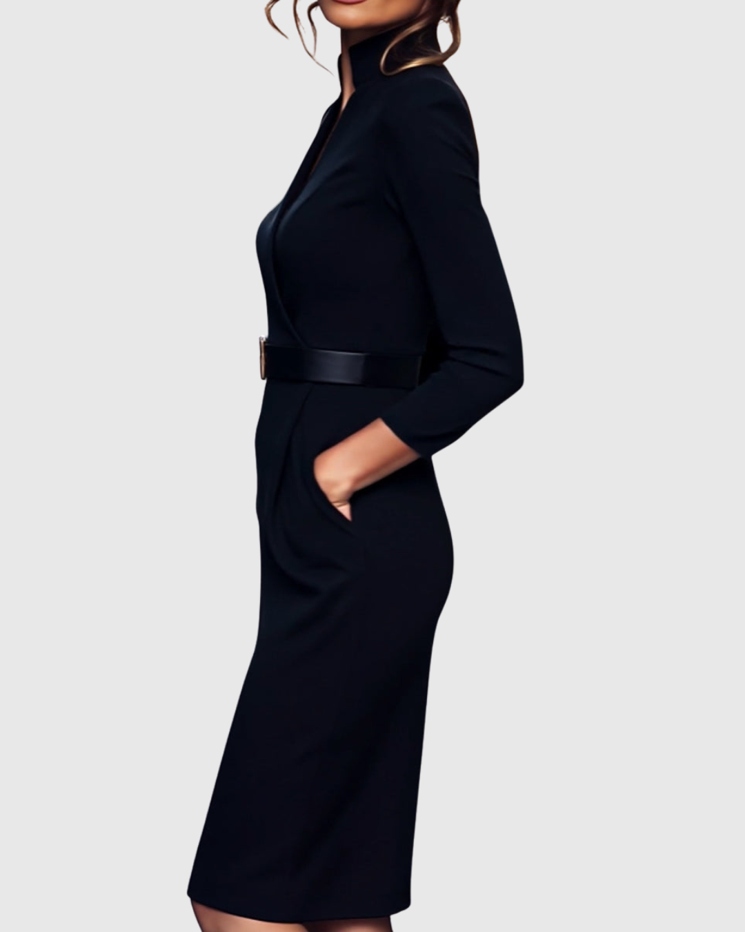 Women's Dress Polyester Mock Wrap Three-Quarter Sleeve Pencil Silhouette with Side Pockets 4