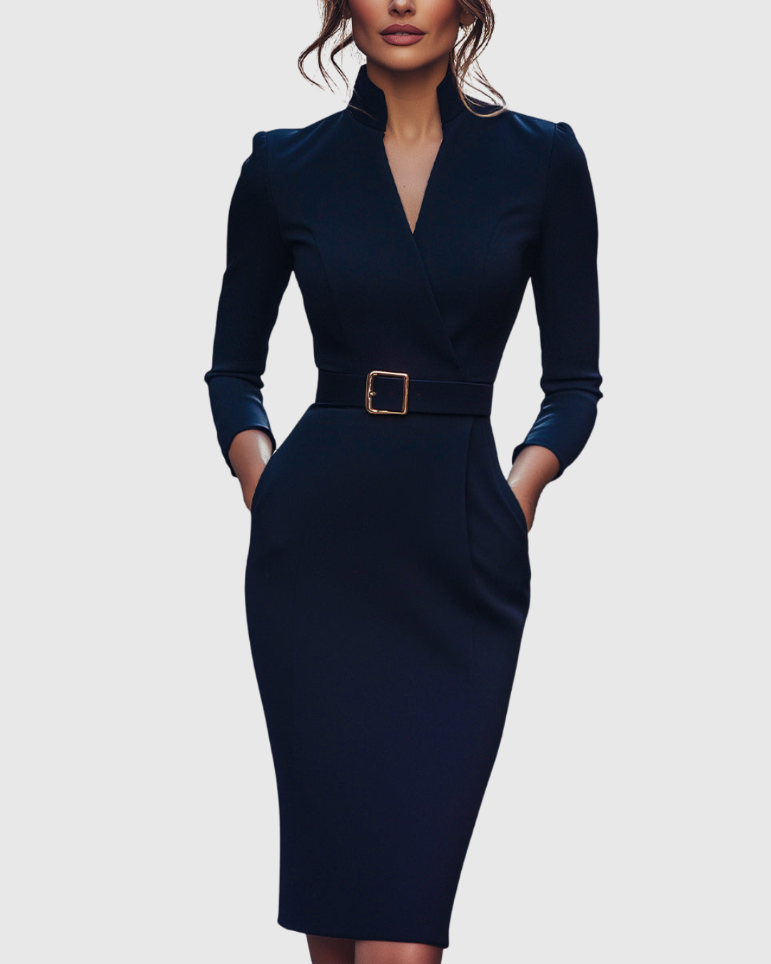 Women's Dress Polyester Mock Wrap Three-Quarter Sleeve Pencil Silhouette with Side Pockets 7