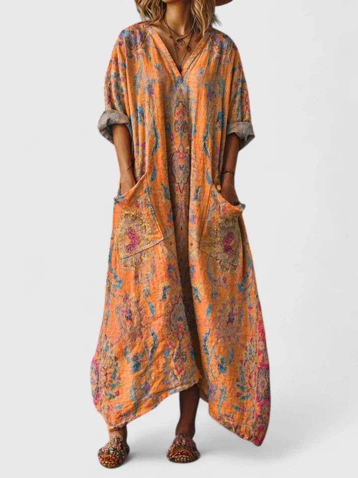 Women's Dress V-Neck Bohemian Style with Pockets and Woven Print Design 0