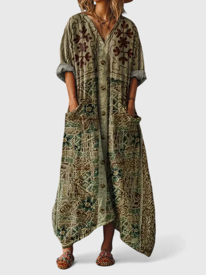 Women's Dress V-Neck Bohemian Style with Pockets and Woven Print Design 4